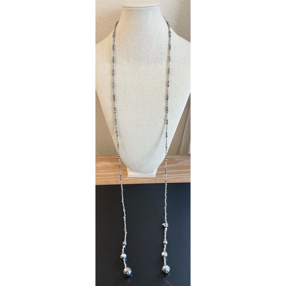 Silver Gray Lariat Faceted Glass Beaded Necklace Long Multi-Strand